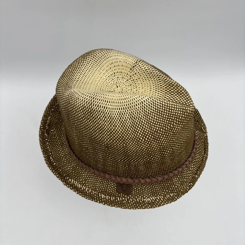 True Religion Jeans Paper Straw Fedora Hat Small/Medium Distressed‎ Leather NWT
